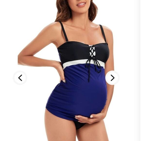 Love2Mi Maternity Swimsuit Navy Pregnancy Bathing Suits Tankini Top Summer Md - Picture 1 of 10